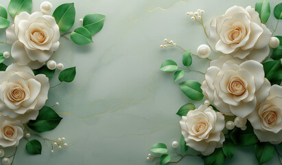 3D floral bouquet, ivory roses with a gold rim and green leaves, pearls on a marble background. Generative AI