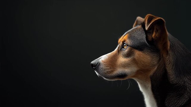 Close-up Profile View of a Thoughtful Mixed-Breed Dog with Alert Ears Against a Dark, Moody Backdrop
