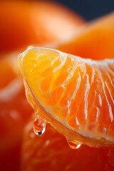 Close-up of a juicy orange slice with droplets glistening, showcasing vibrant color and freshness, perfect for food-related themes.