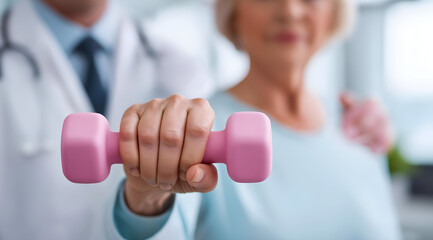 An elderly woman lifts a pink dumbbell, promoted by a caring healthcare professional, symbolizing strength and wellness in aging.