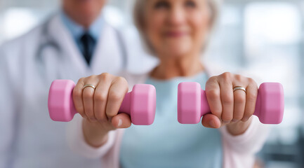 An older woman exercises with pink dumbbells, promoting fitness and strength training for seniors in a supportive environment.
