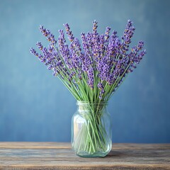 A bouquet of lavender in a glass vase on a wooden table with a blue background.  high resolution   for isolate image