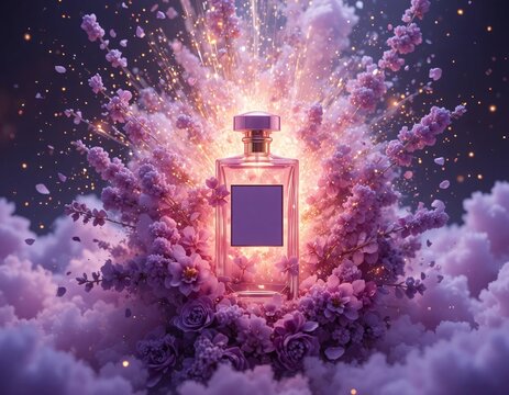 Elegant perfume bottle surrounded by roses