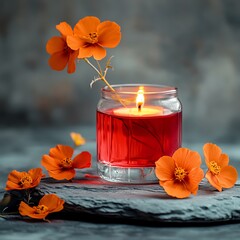 A glass vase with a red liquid and a lit candle on a stone surface with orange flowers.  high resolution   for isolate image