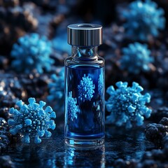 A glass vial with a blue liquid inside, surrounded by numerous blue virus-like particles on a dark, textured surface.  high resolution   for isolate image