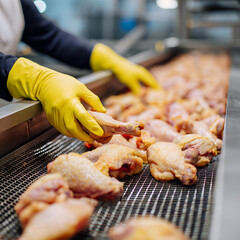 A worker in gloves inspects raw chicken parts on a conveyor belt in a modern food processing facility, highlighting hygiene and efficiency.