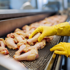 A worker in yellow gloves inspects chicken wings on a conveyor belt in a food processing facility, emphasizing hygiene and quality control.