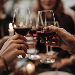 Cheers to friendship! Group of people toasting with red wine glasses in a cozy candlelit setting, celebrating special moments together.