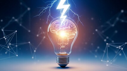 Electric light bulb with glowing brain and lightning bolt, symbolizing innovative ideas and creativity in technology and science with innovation
