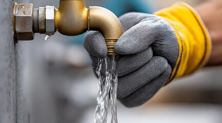 A worker in gloves operates a pipe, releasing a steady stream of water, showcasing essential plumbing skills in action.