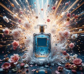 Elegant perfume bottle surrounded by roses