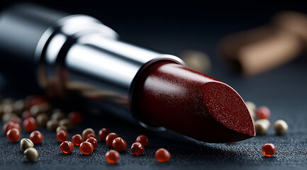 Close-up of a luxurious red lipstick against a dark backdrop, surrounded by colorful peppercorns, highlighting beauty and elegance.