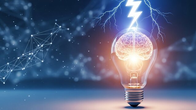 Illuminated light bulb with brain and lightning bolt, symbolizing innovation and creativity with idea and inspiration and intelligence and problem solving - Powered by Adobe