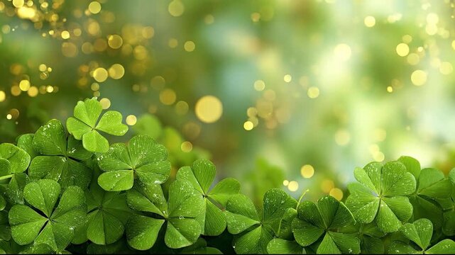 St. Patrick's Day Green Clover Background with Golden Bokeh and Copy Space