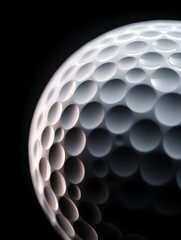 Close-up of a golf ball showcasing its unique dimples and texture against a dark background, perfect for sports-related themes.