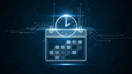 Glowing blue neon clock and calendar on a dark background with circuit board lines and dots, representing technology and time management with digital