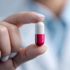 Close-up of a hand holding a red and white capsule, symbolizing health and medicine in a clinical setting.