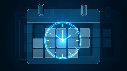 Glowing blue clock on a digital calendar, representing time management and scheduling in a futuristic interface, technology and organization concept