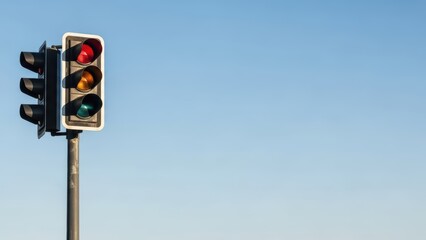 Traffic light against clear blue sky with red, yellow, green signals displayed