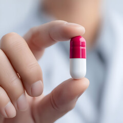 Close-up of a hand holding a pink and white capsule, symbolizing healthcare and medication in a medical setting.