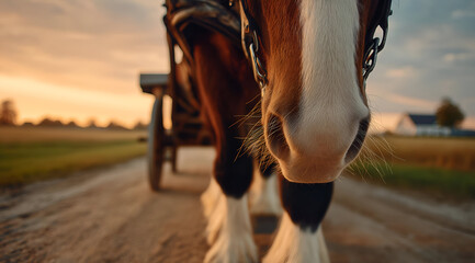 Close-up of a horse's face during sunset, showcasing its features and the tranquil countryside surrounding it.
