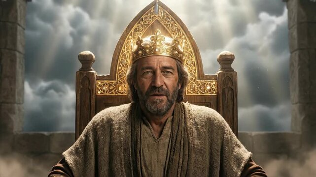 Man sitting on a regal throne wearing a crown with divine light emitting from behind him