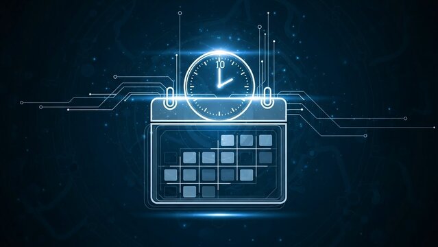 Glowing blue neon clock and calendar on a dark background with circuit board lines and dots, representing technology and time management with digital - Powered by Adobe
