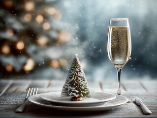 Celebrate the festive season with a beautifully plated dessert resembling a Christmas tree, complemented by sparkling champagne.