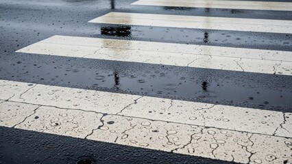 Rainy day urban crosswalk with reflections on wet asphalt roadway
