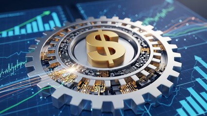 Close up of gear with dollar sign on circuit board background with graphs and charts, representing finance and technology concepts with business
