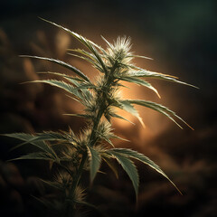 Close-up of a cannabis plant showcasing intricate details of its leaves and buds, illuminated in a warm, ambient glow.