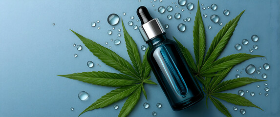 An elegant dropper bottle sits among fresh leaves and water droplets, showcasing nature's essence in a soothing setting.