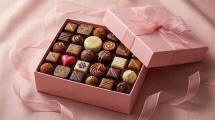 Open pink box filled with assorted chocolates on a pink ribbon background chocolate truffles