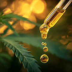 Close-up of a dropper releasing golden oil onto a green leaf, showcasing the beauty of nature and organic products.