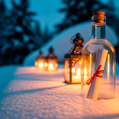 Love letter in a bottle romantic winter fantasy concept. Valentine&rsquo;s Day, mystery, devotion and timeless love