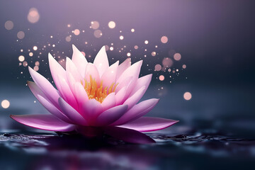 Beautiful pink lotus flower floating on serene water, surrounded by gentle sparkles, embodying tranquility and nature's elegance.