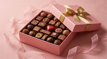 Pink box with assorted chocolates and a gold ribbon on a pink background