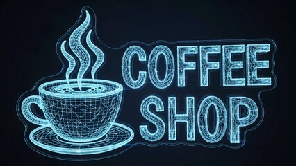 Neon coffee shop sign with steaming cup on saucer against dark background with neon sign and cafe and beverage and hot drink and illuminated sign