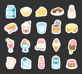 Dairy product set in scandinavian style food illustration with milk, cheese, yogurt, butter, kefir, ice cream, pudding, glass, cone, bar, jug, popsicle