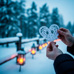Men's hands holding a handmade paper Valentine's card romantic gesture. Valentine&rsquo;s Day, care, creativity and love