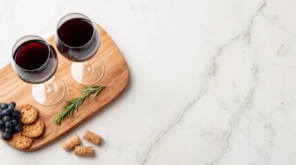 Two glasses of deep red wine sit atop a wooden board alongside fresh berries and herbs. Corks and crunchy snacks complete this inviting setup for relaxation and enjoyment