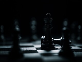 Black chess king standing on chessboard under dramatic light