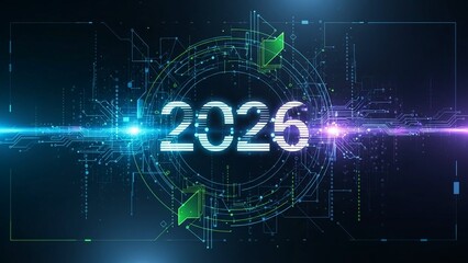 Futuristic digital background with glowing 2026 text and circuit board design elements in blue and green hues for technology and innovation concepts