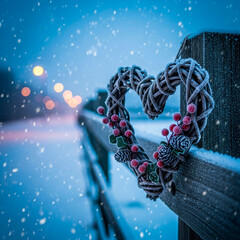 Winter rustic wreath for Valentine's Day romantic heart decoration outdoors. Love symbol, holiday decor and affection