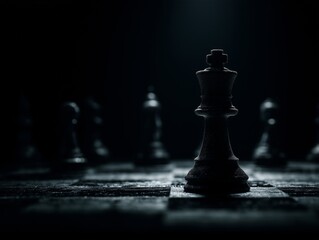 Black chess king standing on chessboard under dramatic light