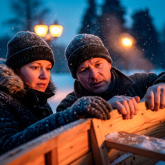 Boat building couple working together outdoor winter scene. Lifestyle, teamwork, relationship bonding and shared activity