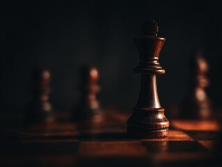 Wooden chess king standing on a chessboard under dramatic light