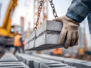 A worker handles concrete blocks at a construction site, symbolizing hard work and industrial progress in modern construction.