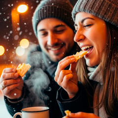 Couple cheese tasting cozy winter food experience. Valentine&rsquo;s Day, gastronomy, lifestyle and shared pleasure