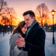 Couple dancing at sunset romantic winter moment. Valentine&rsquo;s Day, love, freedom and emotional connection